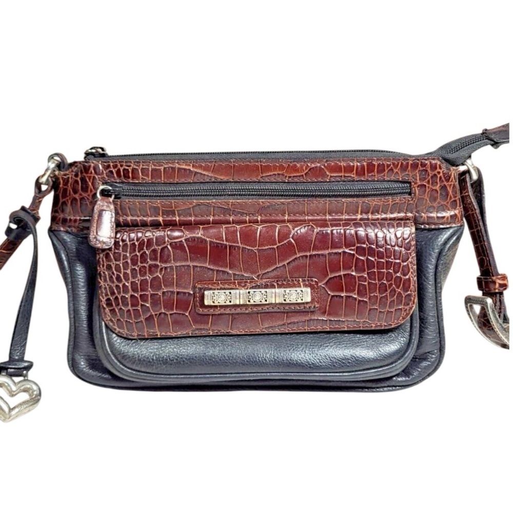 Brighton Sling Bag Brown/Black  Organizer Purse Zipper Close Leather